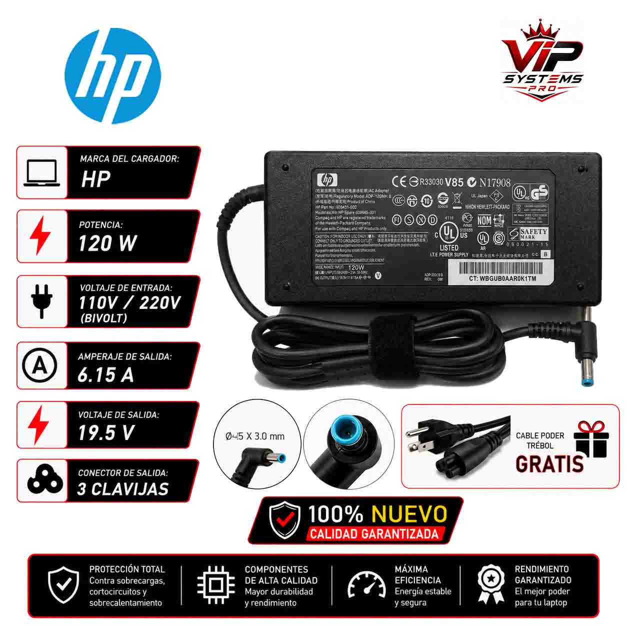 1 CARGADOR PARA HP 19.5V 6.15A 4.5 x 3.0mm120W PUNTA AZUL Vip - Imagen 1