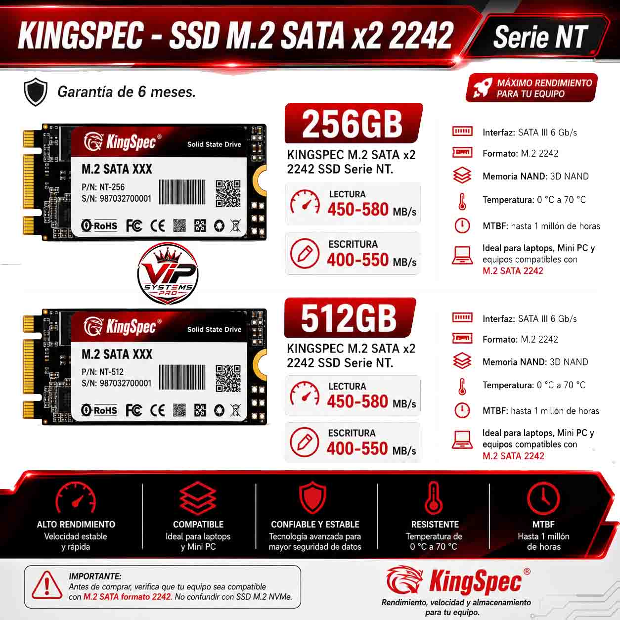 1 KINGSpec SSD M.2 SATA x2 2242 – Serie NT Garantizado - Imagen 1