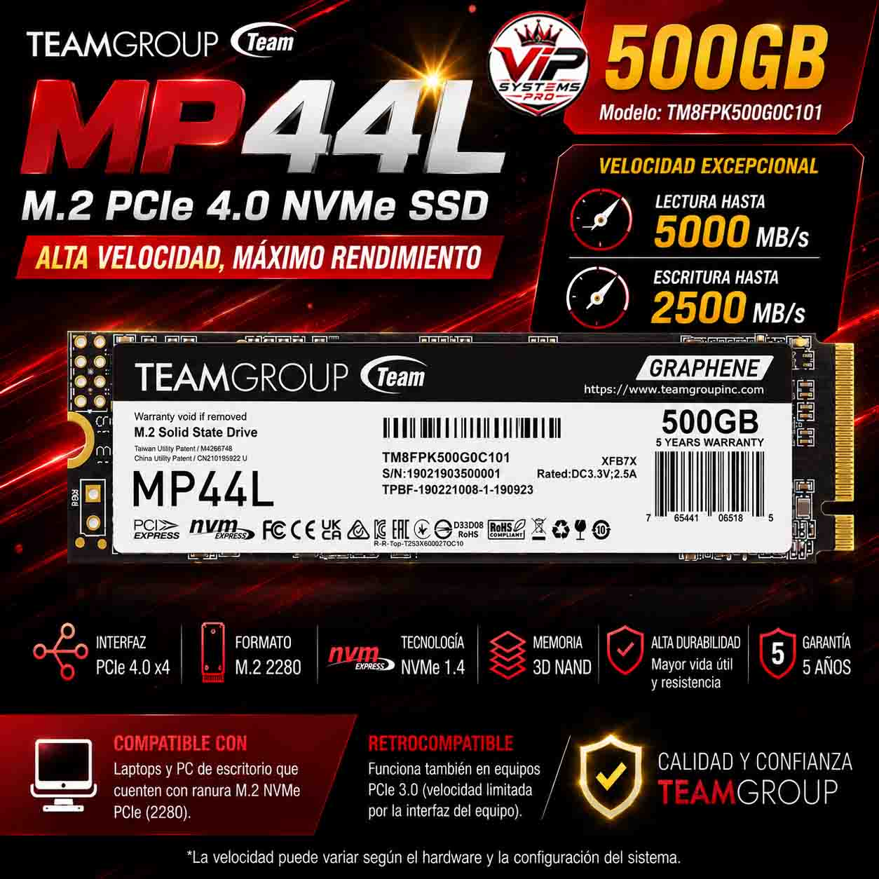 1 TEAMGROUP MP44L M.2 PCIe 4.0 NVMe SSD Garantizado - Imagen 1