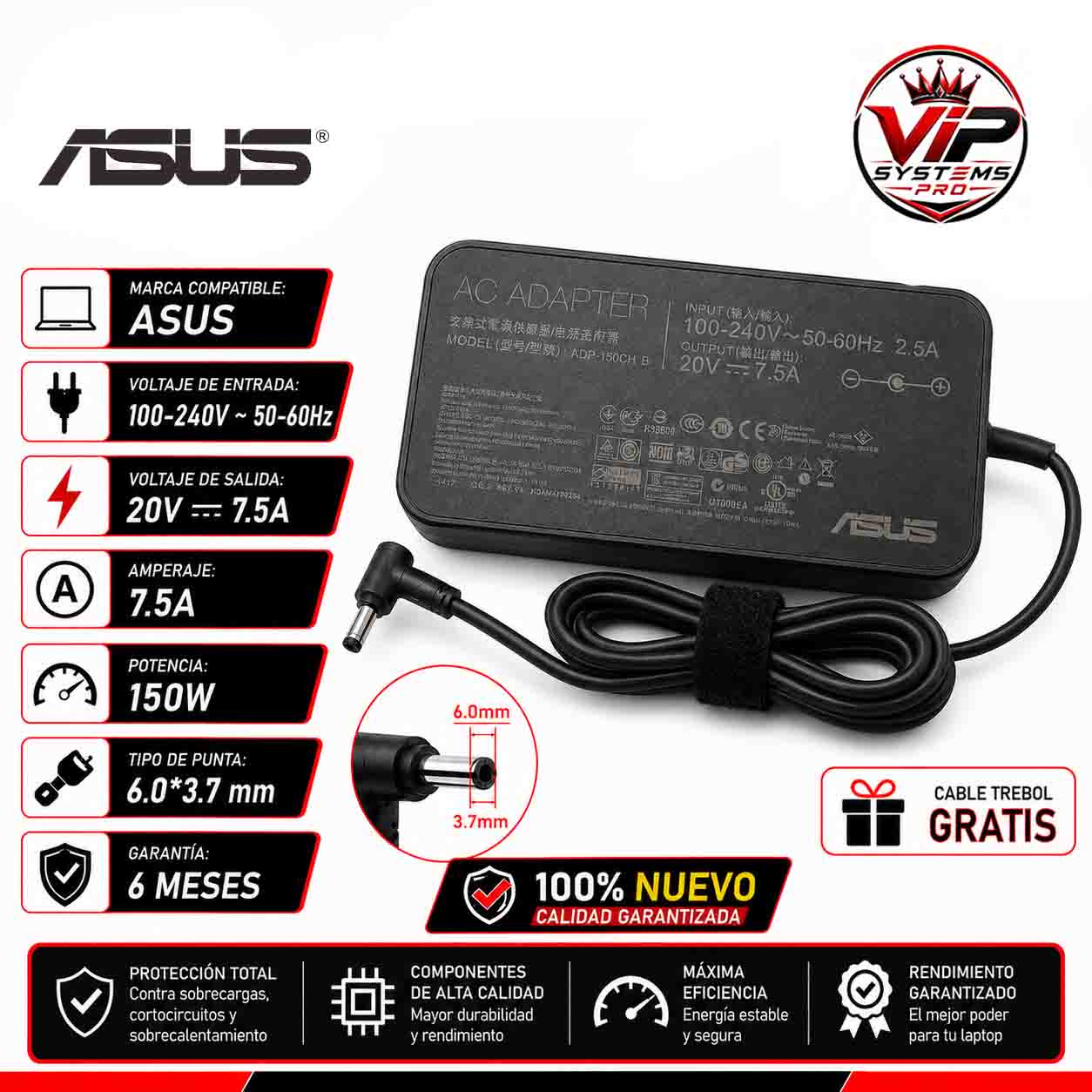 1 CARGADOR PARA ASUS 20v 7.5a (6.0*3.7) 150w Vip - Imagen 1