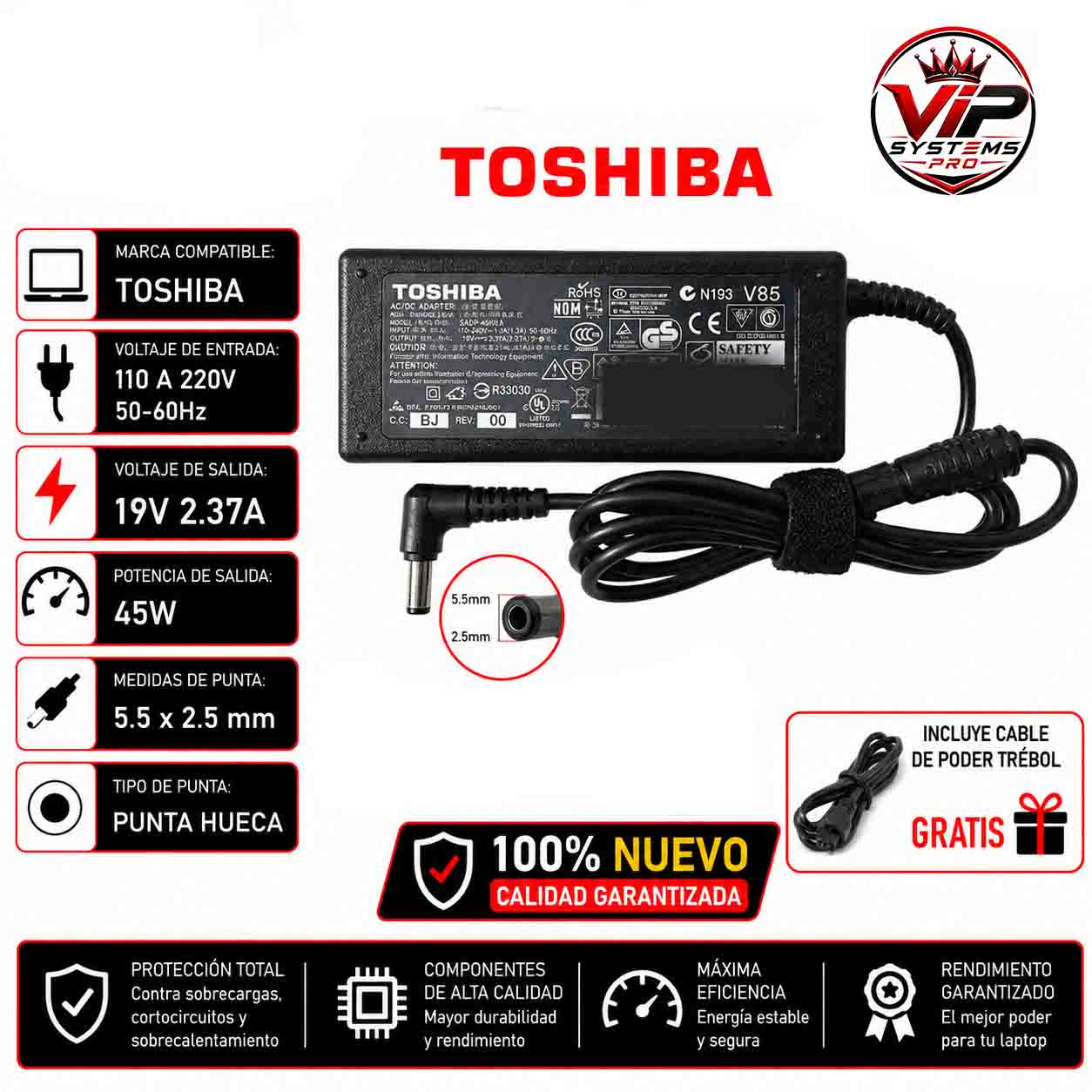 112 CARGADOR TOSHIBA 19V 2.37A 5.5X2.5MM Garantizado - Imagen 1