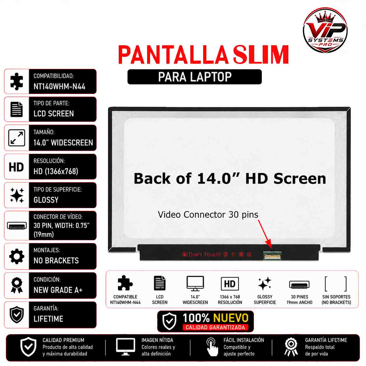 12 PANTALLA SLIM 14.0 (30 PINES) DER (1366*768) HD REDUCIDO - LÓGICA NORMAL ( 28CM) Garantizado - Imagen 1