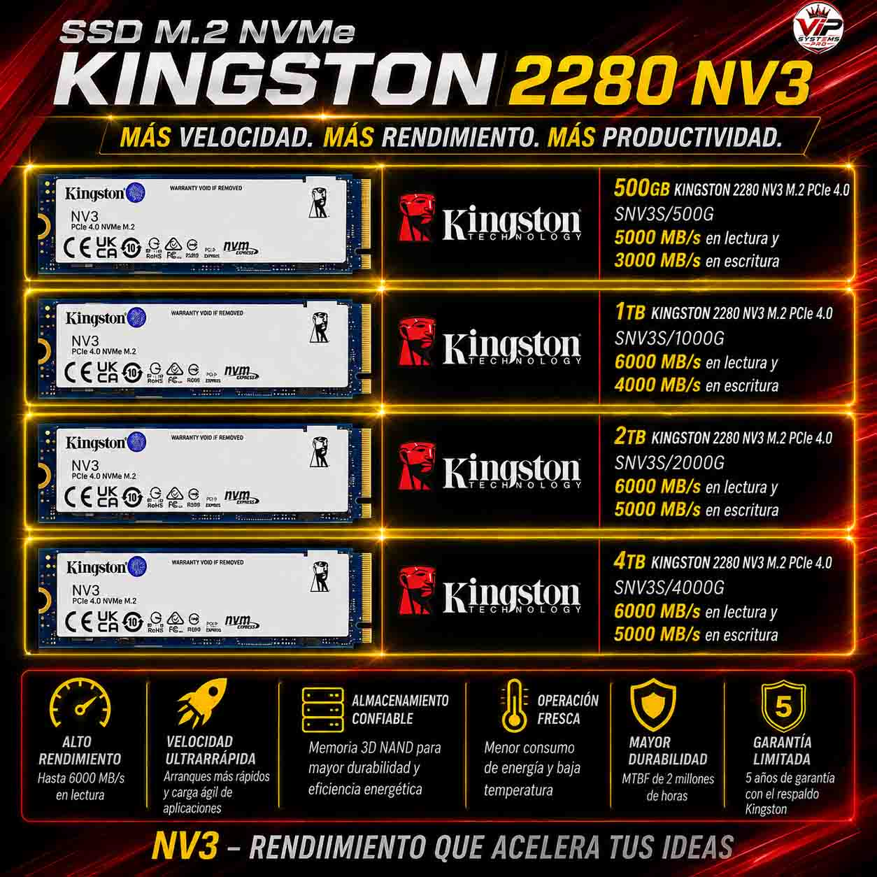 12 SSD M.2 NVMe Kingston NV3 2280 PCIe 4.0 Garantizado - Imagen 1