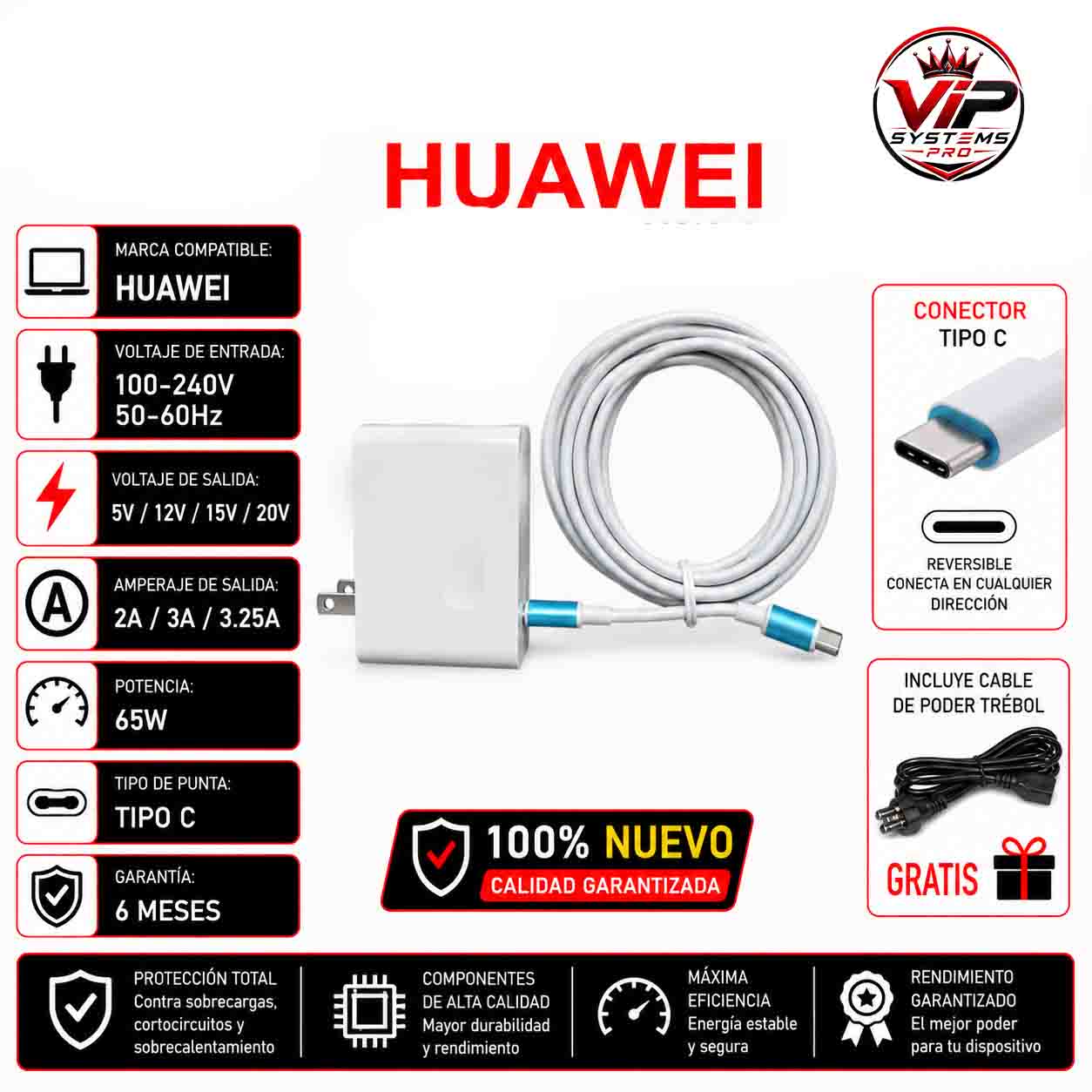 123 CARGADOR HUAWEI 5V 2A / 12V 3A / 15V 3A / 20V 2A / 65w Garantizado - Imagen 1