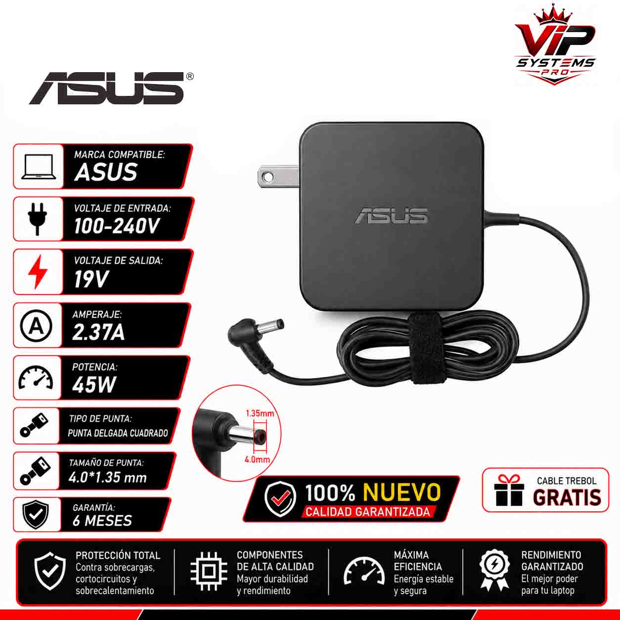123 CARGADOR PARA ASUS 19V 2.37A 45W 4.0*1.35 PUNTA DELGADA Vip - Imagen 1