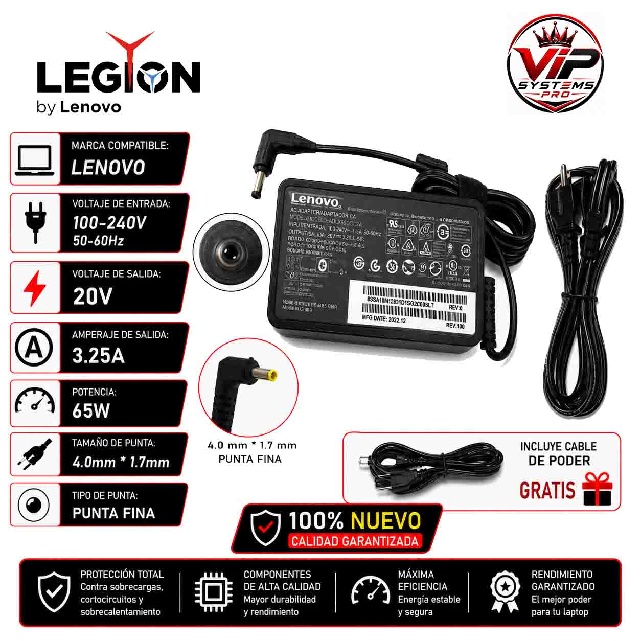 1234 CARGADOR PARA LENOVO PUNTA FINA 20V 3.25A 65W 4.0*1.7 Vip - Imagen 1