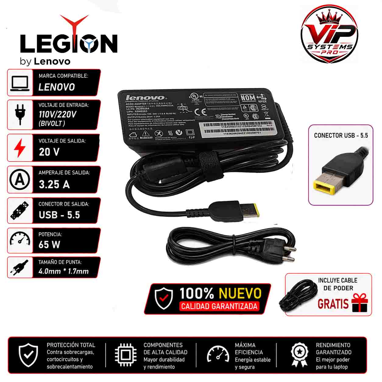 12VIP Cargador para Laptop Lenovo de 20V 3.25A 65w tipo USB Vip - Imagen 1
