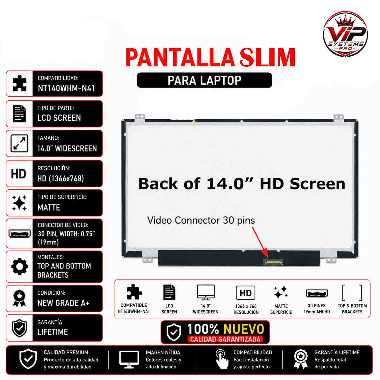 23 PANTALLA PARA LAPTOP SLIM 14.0'' 30 PINES HD 1366*768 Garantizado - Imagen 1