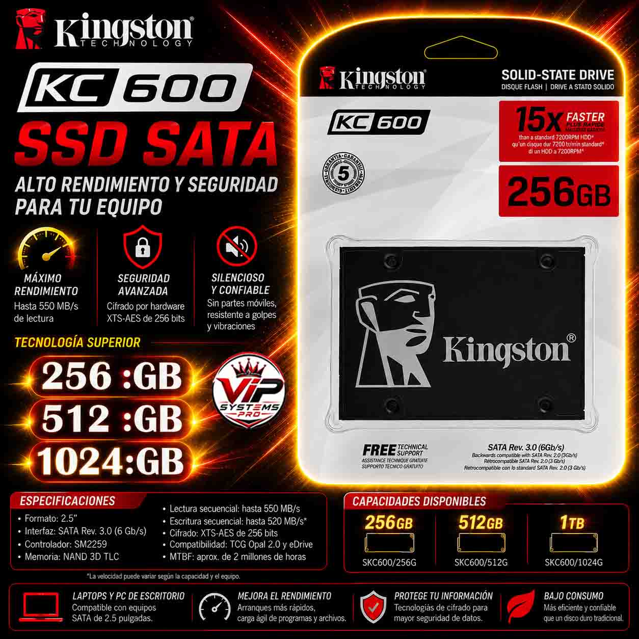 23KB SSD KINGSTON KC600 SATA – ALTO RENDIMIENTO Y SEGURIDAD - Imagen 1