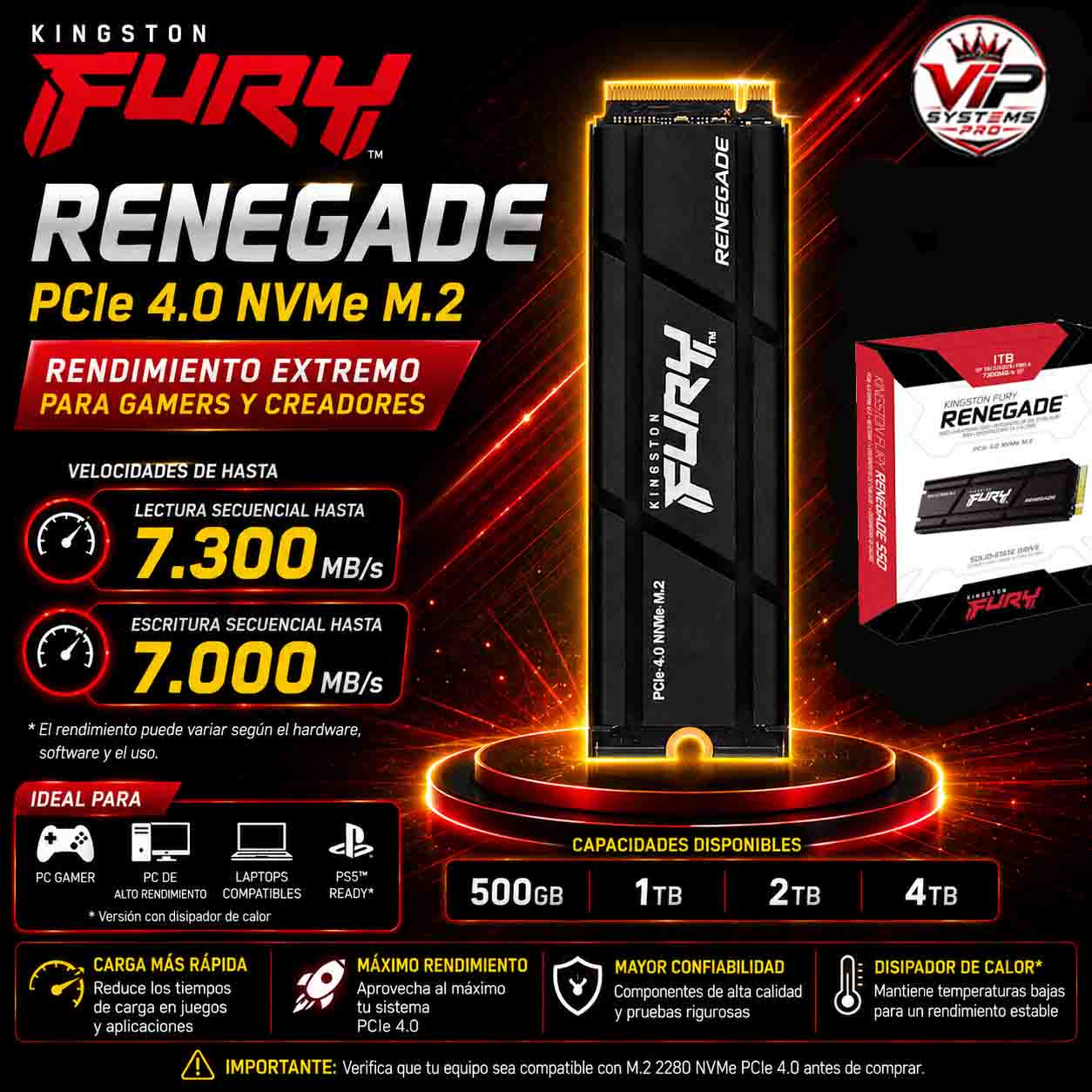458 SSD Kingston FURY™ Renegade SFYRSK PCIe 4.0 NVMe M.2 - Imagen 1