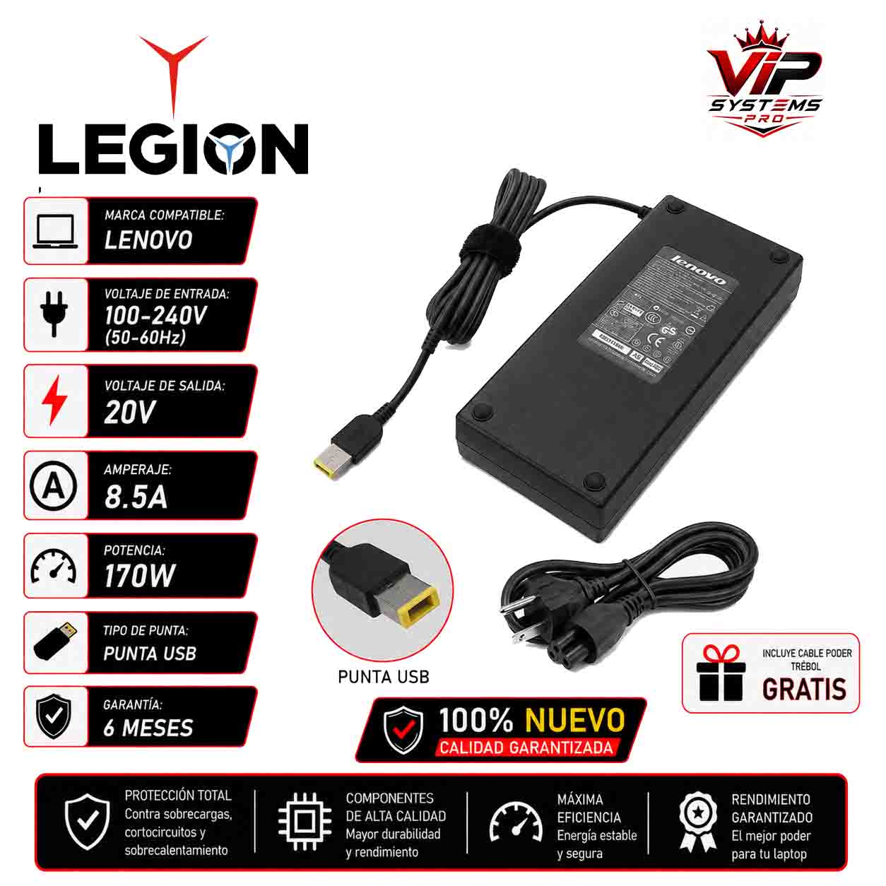 56 CARGADOR PARA LENOVO 20V 8.5A 170W Punta USB Vip - Imagen 1