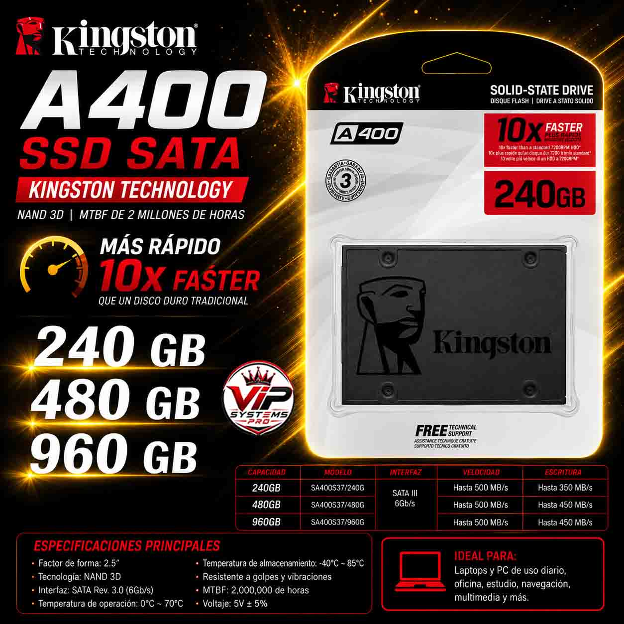 970 SSD KINGSTON A400 SATA – ALTO RENDIMIENTO PARA LAPTOP - Imagen 1
