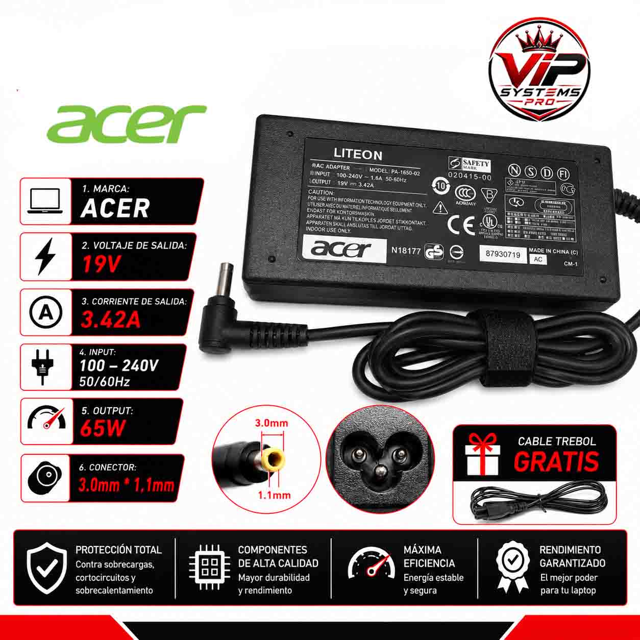 pagina vip 1 CARGADOR ACER ASPIRE ( PUNTA FINA ) – 19V 3.42A 65W (3.0mm*1.1mm) Vip - Imagen 1