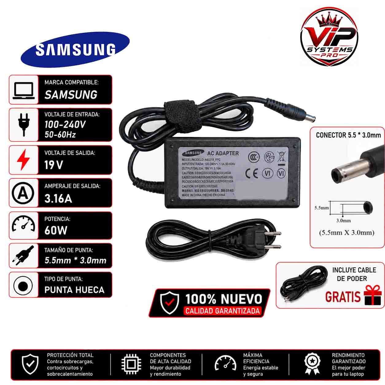 vip CARGADOR PARA SAMSUNG 19V 3.16A 60W 5.5*3.0 Garantizado - Imagen 1