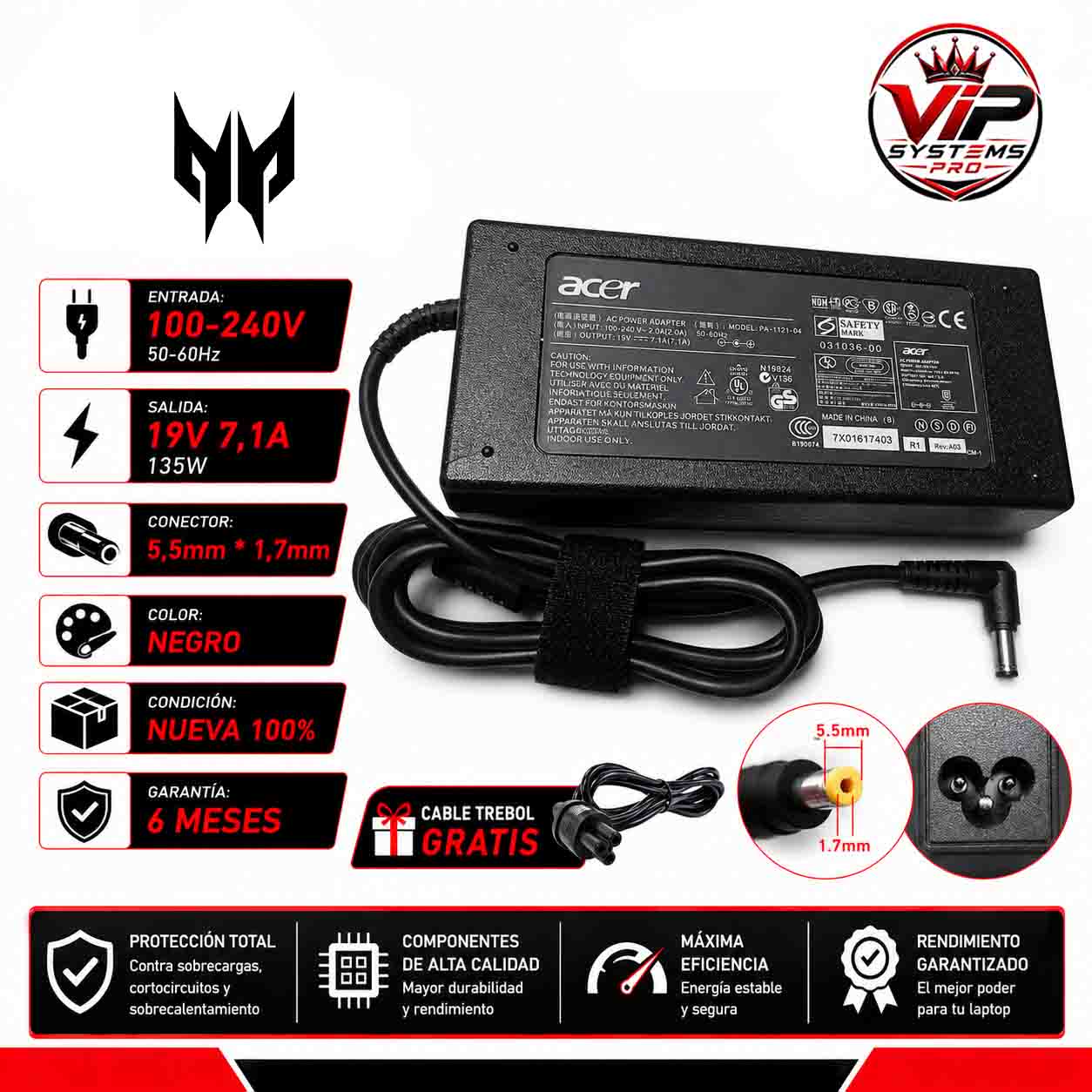 vip pagina 1 CARGADOR ACER 19V 7.1A 135W (5.5*1.7 MM) Vip - Imagen 1