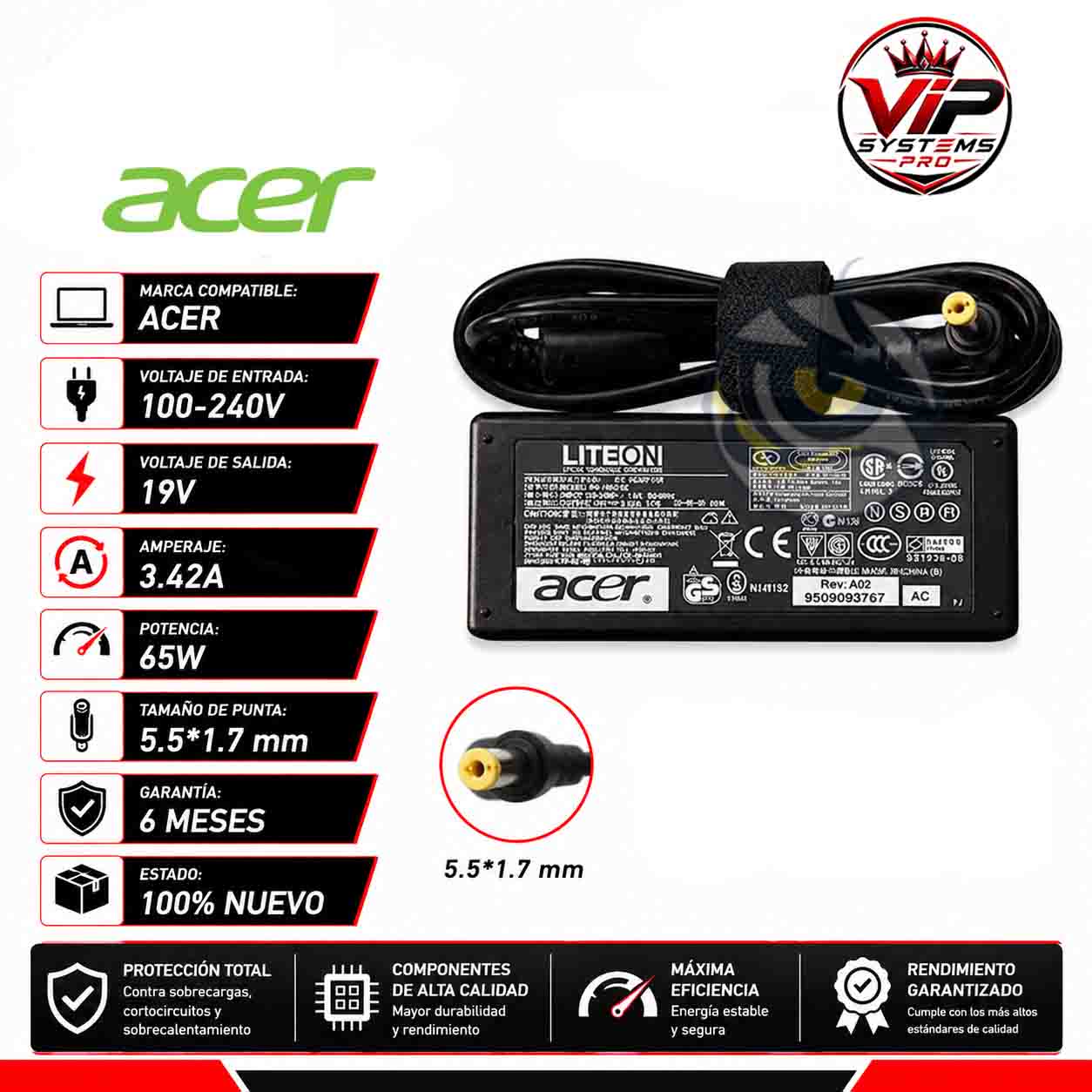 vip pagina acer CARGADOR PARA ACER 19V 3.42A 65W 5.5*1.7 Vip - Imagen 1
