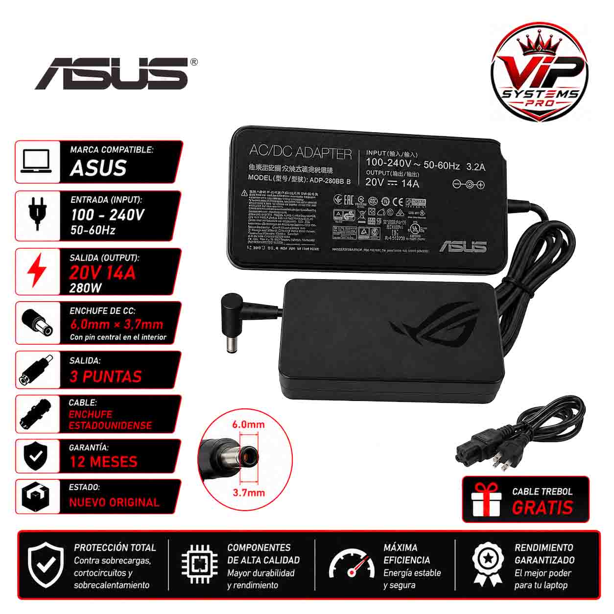 vip1 CARGADOR ASUS 20V 14A 280W (6.0*3.7) Vip - Imagen 1