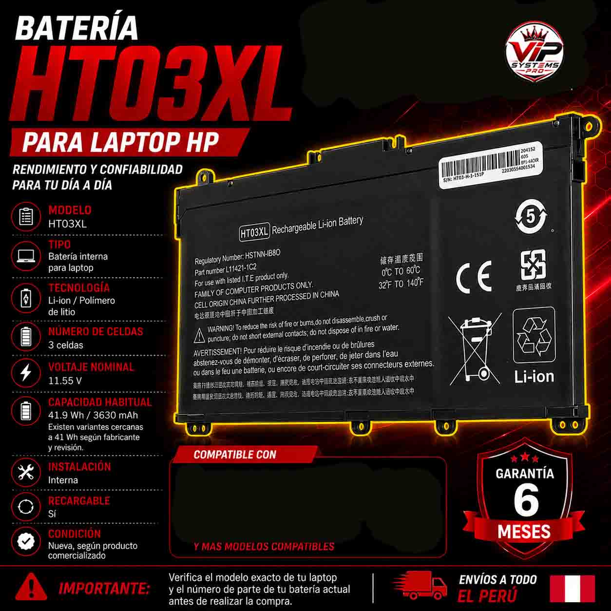 12 Batería HT03XL para Laptop HP 11.55V 41.9Wh 3 Celdas | Repuesto Interno - Imagen 1